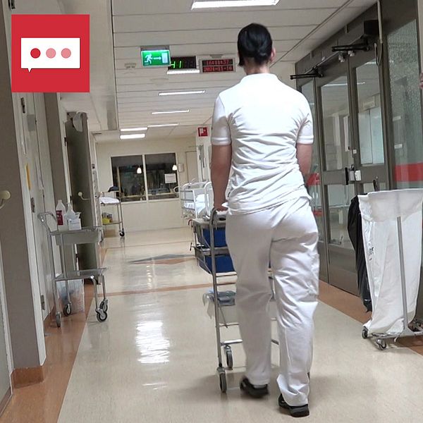 En tvådelad bild på en vårdpersonal som går med ryggen mot kameran i en sjukhuskorridor och på verksamhetschef Kristian Stjerna på ortopeden på Östersunds sjukhus.