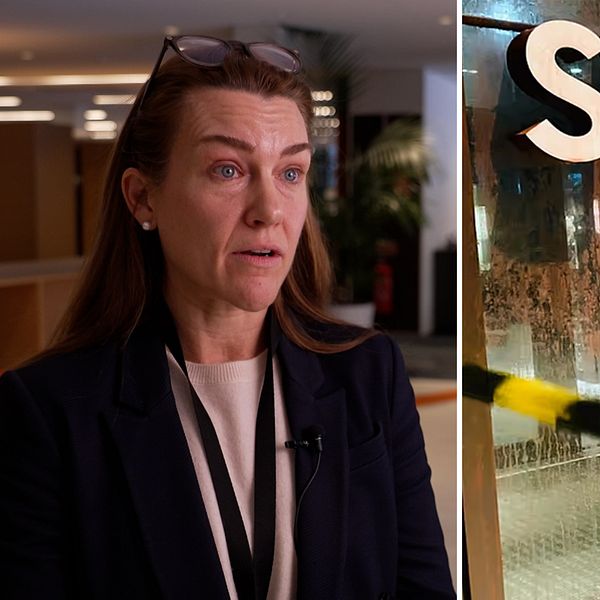 Delad bild: Till vänster, en person syns framför en kontorsmiljö. Till höger, en ingång till SVT:s byggnad med avspärrningstejp i förgrunden.