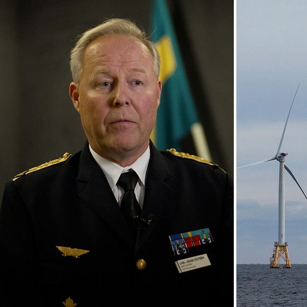 Bildens vänstra sektion visar en person i uniform med olika medaljer och insignier, och den högra sektionen visar en grupp vindkraftverk som står i havet under en grå himmel.