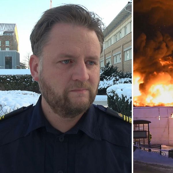 Polischef Daniel Eriksson och brinnande byggnad i Vingåker.