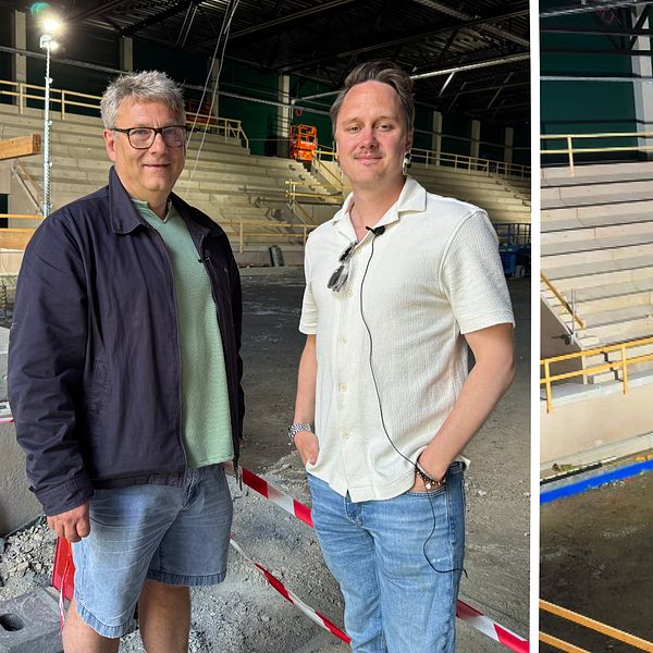 Två män i Tingsryds nya hockeyarena efter takraset