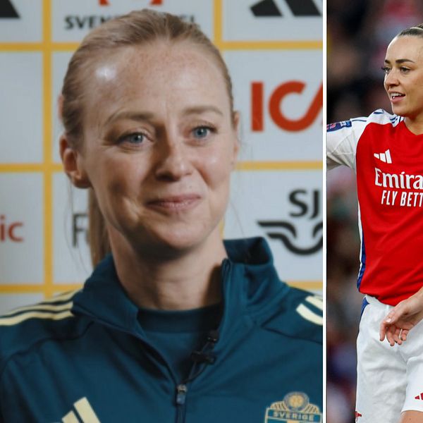 Tvådelad bild. Till vänster: Person i mörkblå jacka framför sponsorvägg. Till höger: Fotbollsspelare i rött firar.