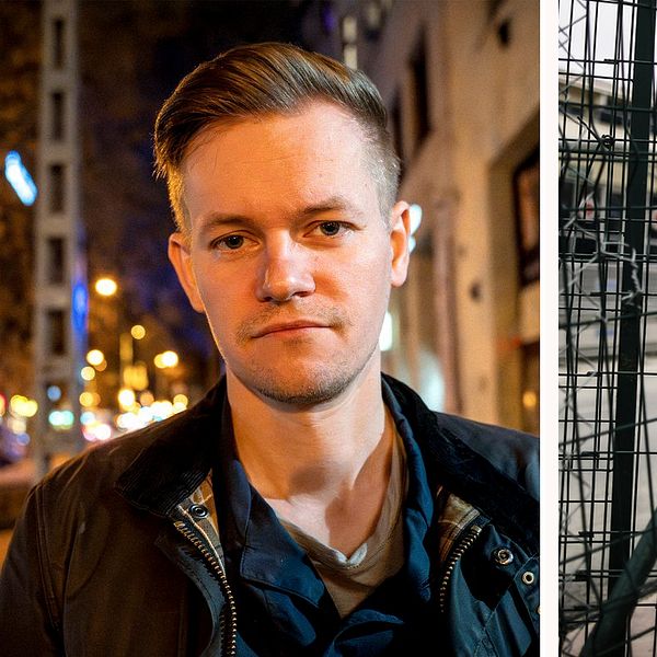 Delad bild. Till vänster: person utomhus i stadsmiljö. Till höger: soldat vid inhängnat område.