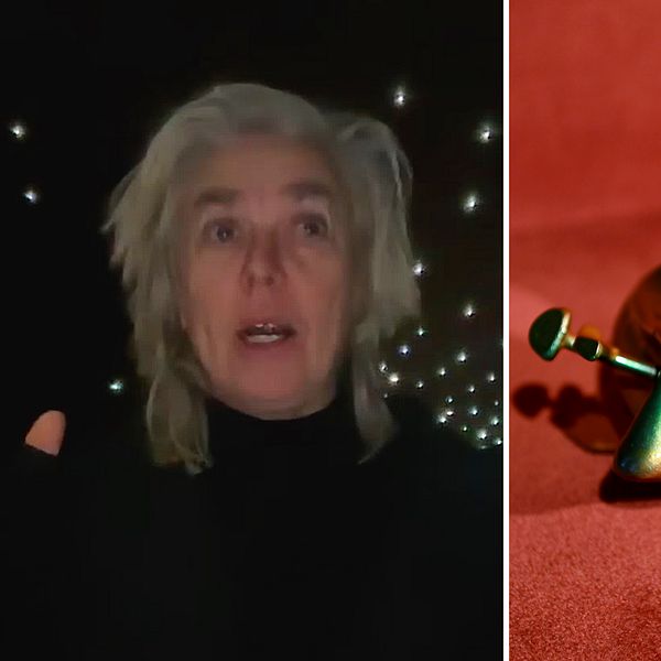 Stina Gardell och en Guldbagge-statyett inför publikpriset.