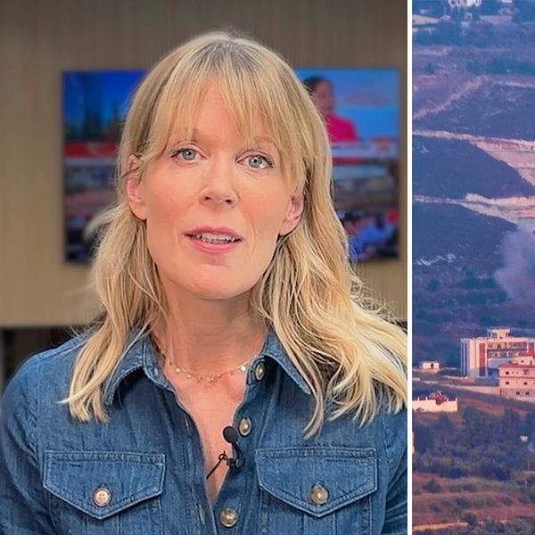 SVT:s reporter kommenterar upptrappning Israel och Hizbollah. Till höger ett rökmoln efter attack.
