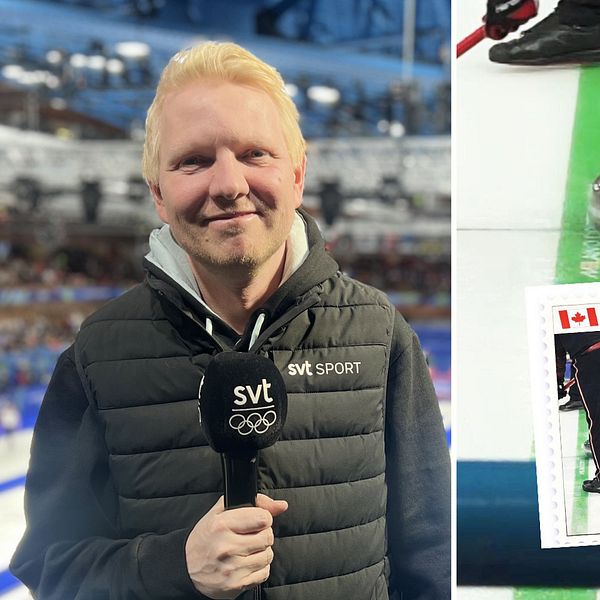 Splitbild med reporter Tobias Jonsson till vänster och bild på Kanadas curlingspelare till höger.