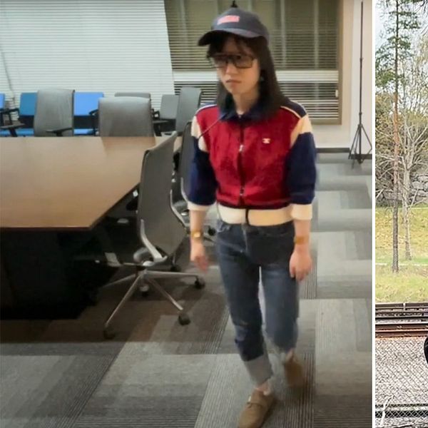 Delad bild. Till vänster: kvinna i kontor som testar AI-hjälpmedel för synskadade. Till höger: Niklas Mattson, ordförande i Synskadades riksförbund med vit käpp i handen.