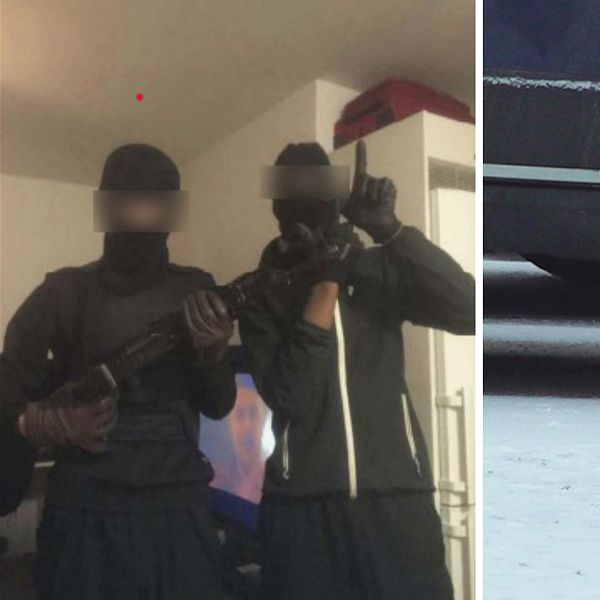 maskerade killar poserar med automatvapen, samt närbild på bevismarkering på snöig mark vid en bil