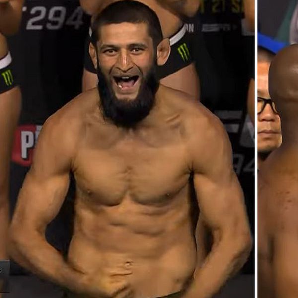 MMA-utövarna Khamzat Chimaev och Kamaru Usman står öga mot öga.