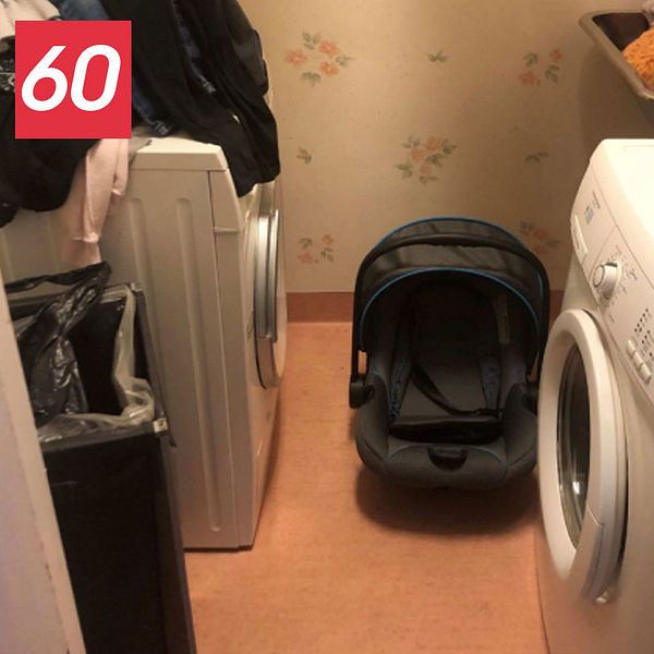 Två bilder. Ena bilden visar en bilbarnstol i en tvättstuga. Den andra bilden visar en flaska ättika.