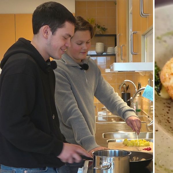 Tvådelad bild. Till vänster: två personer lagar mat. Till höger: Chicken Kiev
