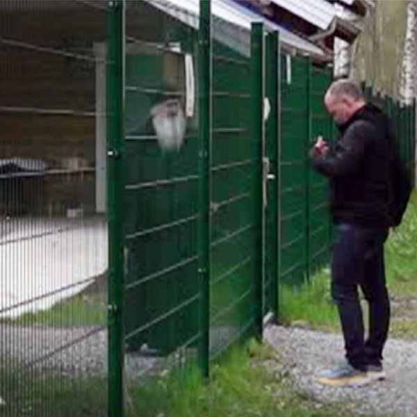 Delad bild. Till vänster: Två män på varsin sida om ett högt stängsel. Till höger: ortodox kyrkobyggnad.