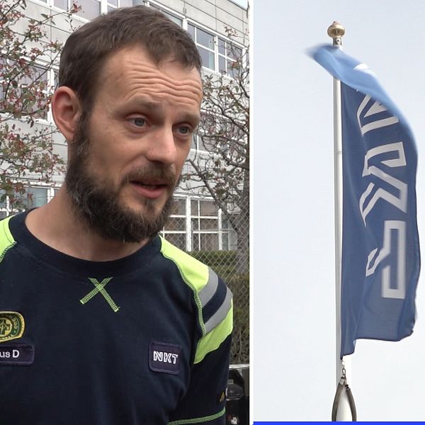 Bilden är en delad bild som består av tre sektioner. Till vänster står IF Metalls Marcus Degerskär klädd i en grön och svart tröja med en namnskylt. I mitten syns NKT:s flagga som blåser i vinden. Till höger står  Ola hansson från Sveriges ingejörer i kostym.