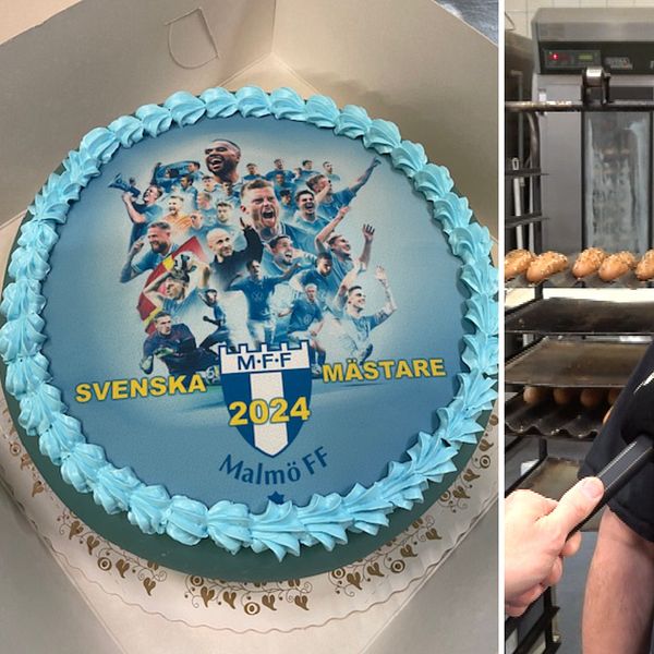 En delad bild med två sektioner. Den vänstra sektionen visar en tårta med en frostad yta i ljusblått och en bild av glada fotbollsspelare, med texten ”SVENSKA MÄSTARE 2024” och ”Malmö FF”. Den högra sektionen visar en person som håller en mikrofon och deltar i en intervju, i en lokal som verkar vara ett bageri. Det syns bakugnar i bakgrunden.