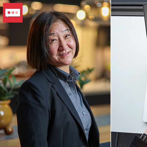 Bilden är uppdelad i två sektioner. Den vänstra sektionen visar en person i businessklädsel med suddat ansikte mot en suddig inomhusmiljö. Den högra sektionen visar ett par händer som skriver på en bärbar dator där en webbplats med formulärfält är synlig på skärmen.