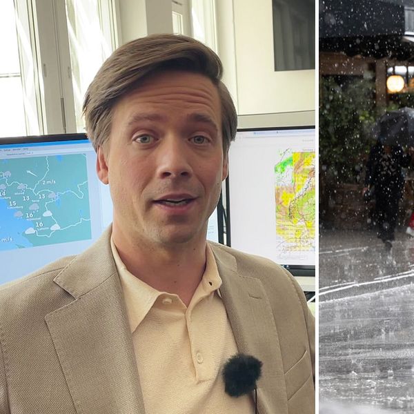Till vänster SVT:s meteorolog Nils Holmqvist, till höger en person i regnet med ett färgglatt paraply.