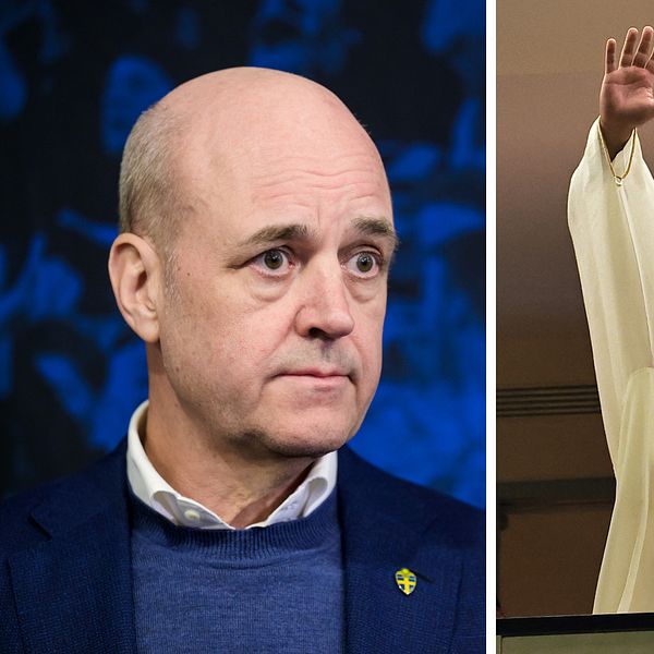 Bilden är delad i två sektioner. Den vänstra sektionen visar Fredrik Reinfeldt, fotbollförbundets ordförande, klädd i en mörk kavaj med en blå tröja under och ett märke på kavajen. Den högra sektionen visar Saudiarabiens prins Mohammed bin Salman i traditionell arabisk klädsel.