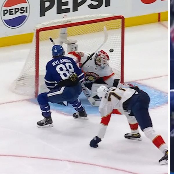Delad bild. Vänster: ishockeyspelare gör mål. Höger: blåklädda spelare firar på isen.