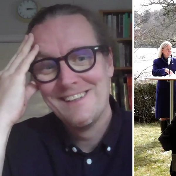 En delad bild med två sektioner. Den vänstra sektionen visar en person som håller sin hand mot pannan, förmodligen i en eftertänksam eller frustrerad position. Den högra sektionen visar två kvinnor som står vid podium på en utomhuspresskonferens. De är klädda i formella kläder och pratar med publiken i en trädgård med grönskande omgivning.