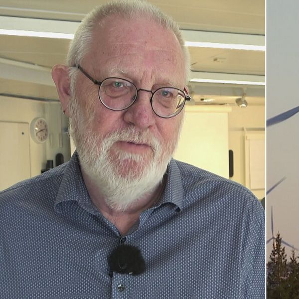 Till vänster står en person med fokus på kläder och mikrofon, medan höger sida visar en landskapsvy med flera vindkraftverk som snurrar i solnedgångens ljus, omgivna av träd.