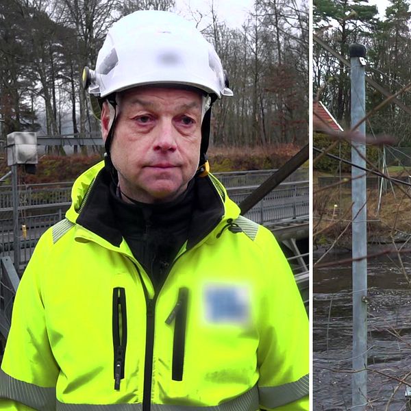En man i reflexjacka står till vänster i bilden, medan den högra delen visar ett kraftverk.