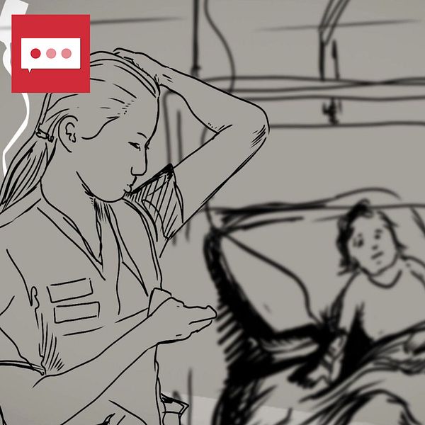 En delad bild med en grafisk bild föreställande en flicka i en sjuksäng med en vårdpersonal bredvid. Till höger en porträttbild på Björn Lundin.