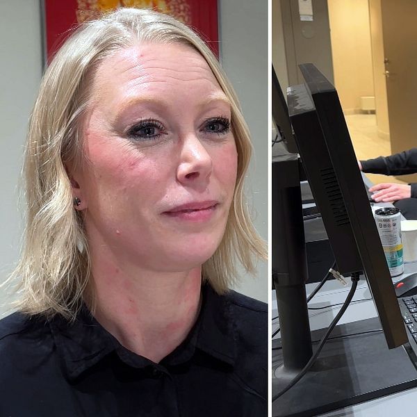 Anställda på Mio Möbler sitter och jobbar vid sina datorer och en bild på butikschefen Karin Gustafsson