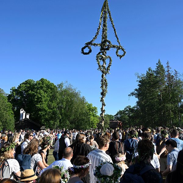 midsommarfirande och meteorolog som pekar på karta.