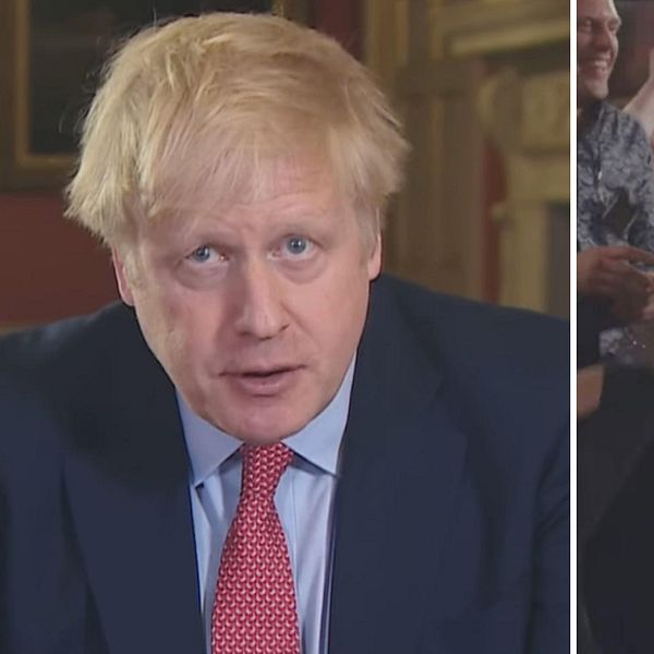 Splitbild på Boris Johnson och festande personer från ny tv-serie om Partygate
