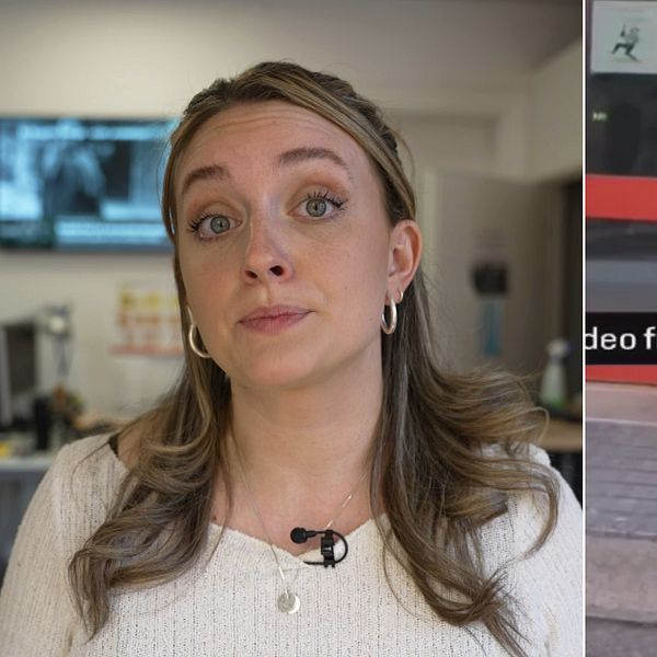 Delad bild. Vänster: person i inomhusmiljö. Höger: pistol riktas mot en entrédörr med röd ram.