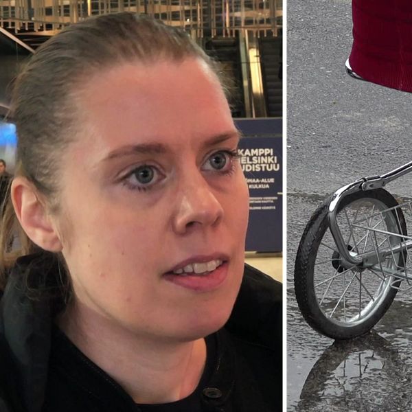 En kvinna till vänster av bilden och barnvagn till höger