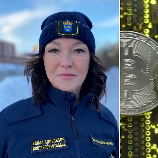 Delad bild. Till vänster, en person – en kvinnlig polis – klädd i blå uniform med texten ”Brottsförebyggare” synlig. Till höger, närbild av tre kryptovaluta-mynt, där Bitcoin, Ethereum och ett tredje mynt visas mot en bakgrund av digitala kretsar.