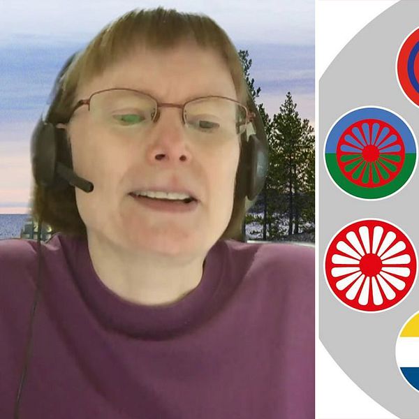 Delad bild. Till vänster person med headset. Till höger: Örnsköldsviks kommuns logotyp och symboler för nationella minoritetsspråk