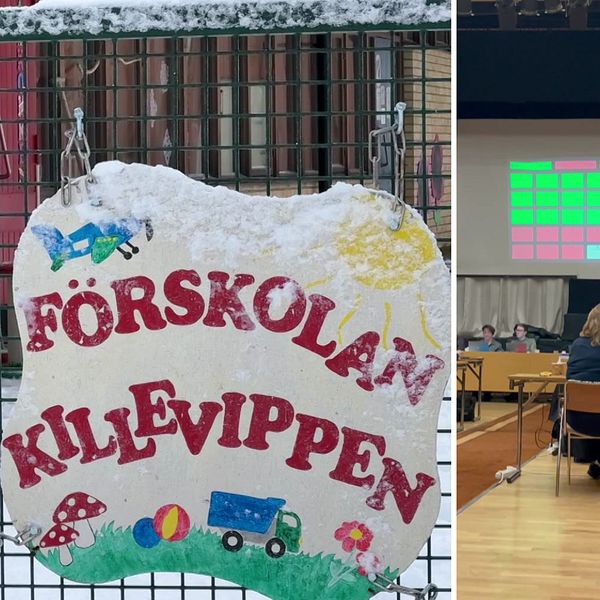 Delad bild. Vänster: skylt för förskolan Killevippen. Höger: möte med människor och stor skärm.