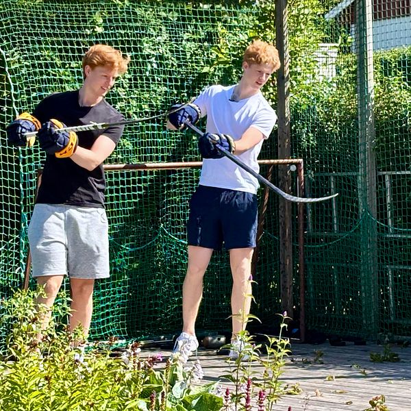 Viggo och Malte Gustafsson tränar skott hemma i Väckelsång