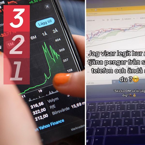 Längst till vänster: närbild på börshandel i mobilen, i mitten, en skärmdump från tips på Tiktok, till höger: ekonomijournalisten Gunnar Harrius