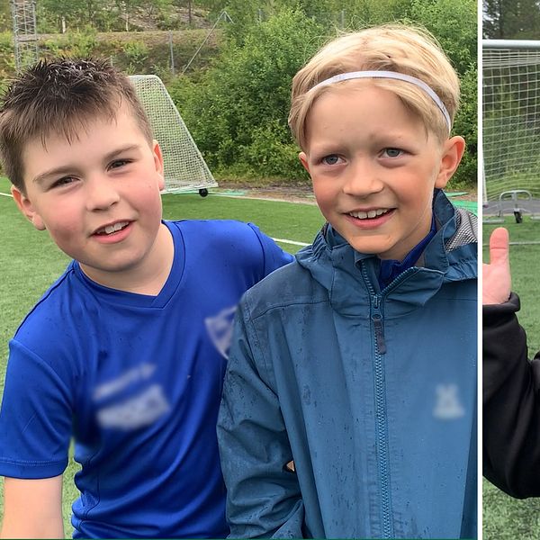Karina Lidén ordförande för IFK Arvidsjaur fotboll och spelarna Elliot Westermark och Dewin Tuoma står på fotbollsplan.