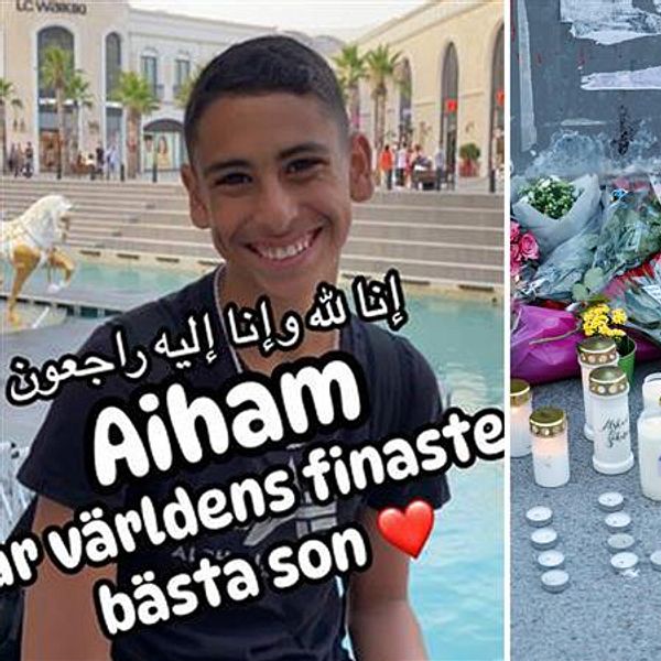 Tvådelad bild. Vänster: minnestext till Aiham. Höger: blommor och ljus på minnesplats utomhus.