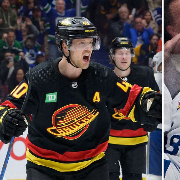 NHL-stjärnorna Elias Pettersson och William Nylander jublar efter varsitt mål i nattens möte.