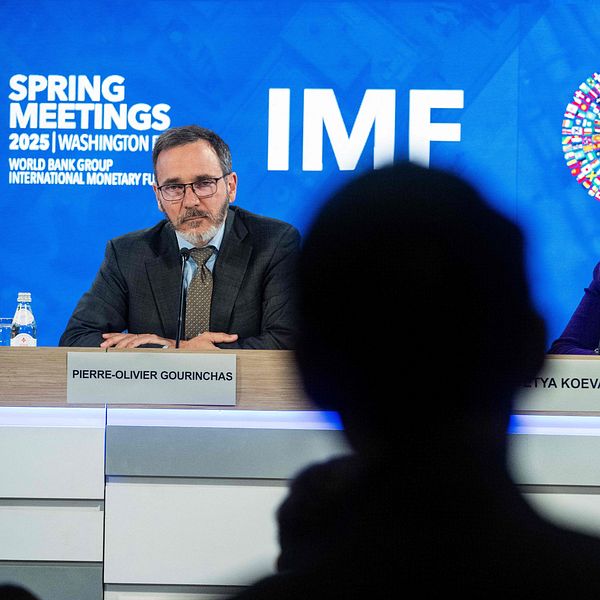 Personer deltar vid IMF:s vårmöten 2023 i Washington DC.