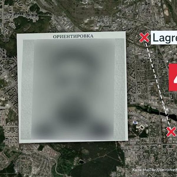 Karta som visar avståndet 4 km mellan platser markerade som Lagret och FSB i en stad. På kartan syns en suddig, blurrad, svartvit bild av en 37-årig man som pekas ut i Ryssland för sin påstådda roll i transporten av ukrainska drönare, som användes i attacken mot flera flygbaser.