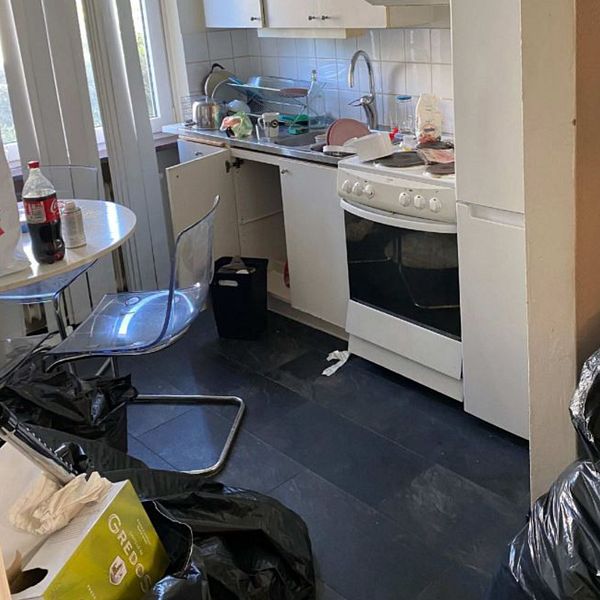 Delad bild. Vänster: stökigt kök med sopor. Höger: någon häller svavelsyra i vitt pulver i en skål.