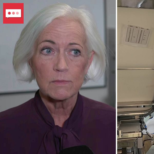 En delad bild som visar två scener. Till vänster framträder sjukvårdsministern Acko Ankarberg Johansson (KD) som talar direkt in i kameran. Till höger syns en medicinsk situation där två sjukvårdare i vita kläder assisterar en patient i en sjukhusmiljö.