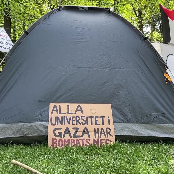 Ett tält med skylten ”alla universitet i Gaza har bombats ned” från tältprotesten i Lundagård, till höger: utbildningsminister Mats Persson, Liberalerna.