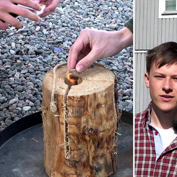 Tvådelad bild. Vänster: hand tänder eld på vedstubbe. Höger: två personer står framför hus.