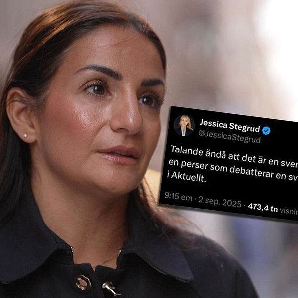 Tvådelad bild. Till vänster kulturministern Parisa Liljestrand (M) och till höger S kulturpolitska talesperson. I mitten ett inlägg på X från SD-ledamoten Jessica Stegrud som kritserats.