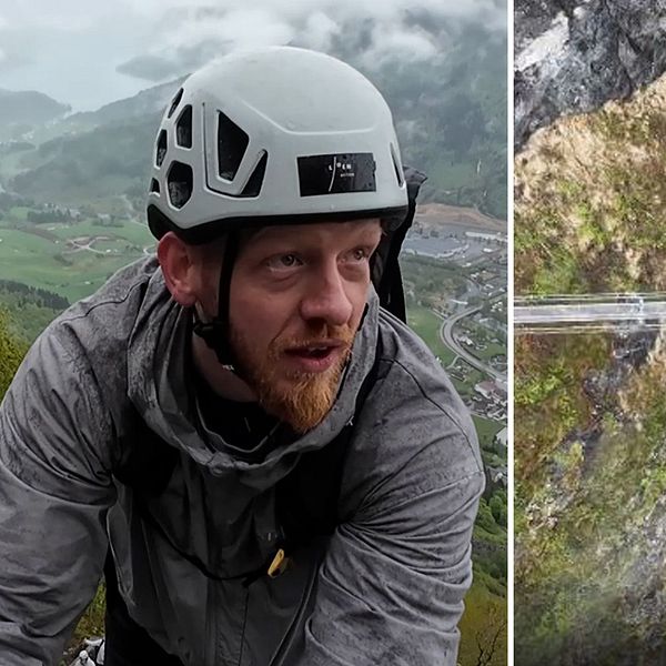 Jim Gottfridsson i hjälm klättrandes upp för ett berg.