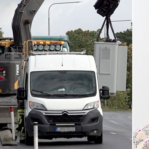 bild på grävmaskin som lyfter elskåp. ljushårig kvinna, petra carlenarson, porträtt.