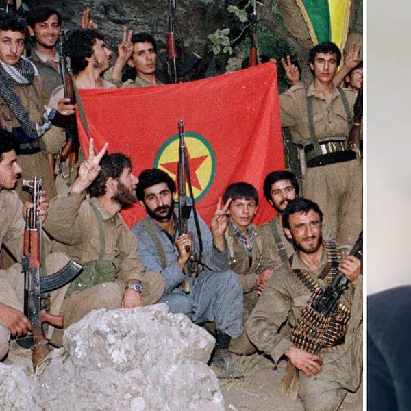 Tvådelad bild. Vänster: grupp av män med PKK-flagga.
