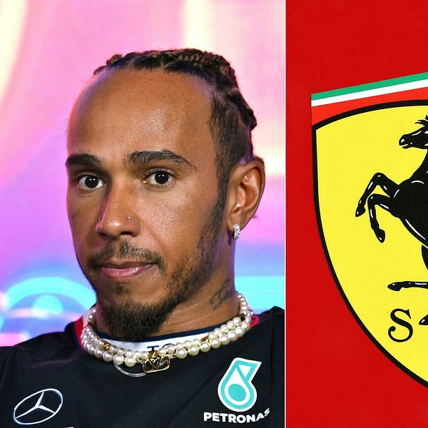 Formel 1-föraren Lewis Hamilton och Ferraris logga med en stegrande svart häst på en gul sköld.